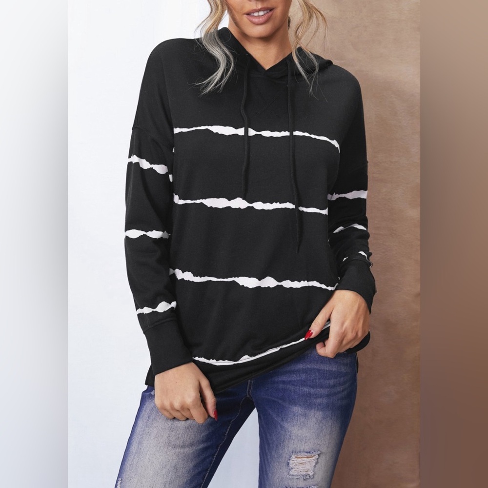 Womens Color Block Stripe Drawstring Pullover Hoodie Sweatshirt #1788